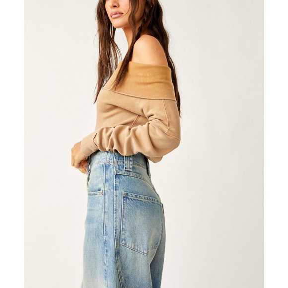 Free People Tan Off-Shoulder Long Sleeve Top - Picture 3 of 12